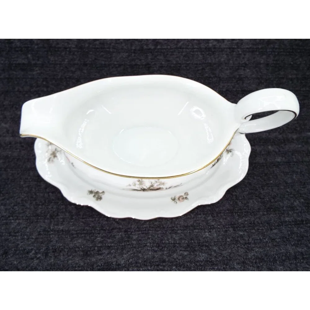 Johann Haviland Sepia Rose Gravy Boat Attached Underplate Bavaria Germany
